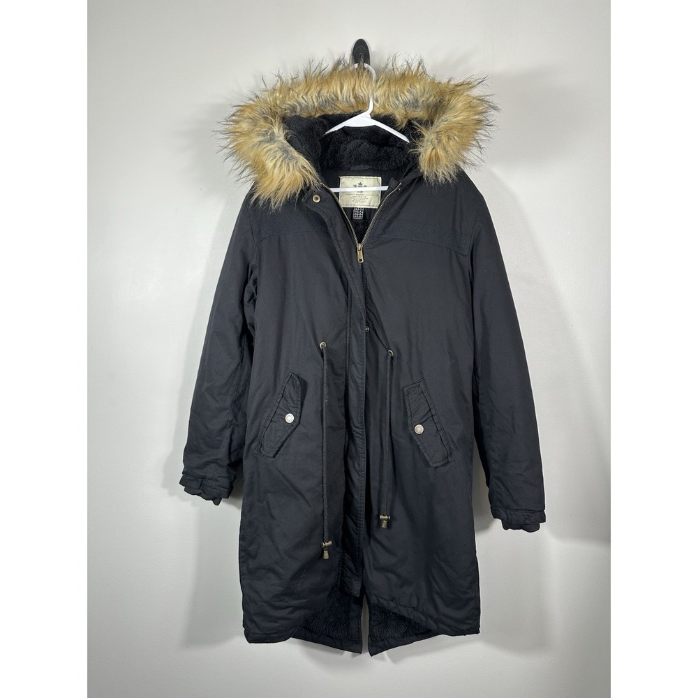 Wenven Jacket Womens Medium Black Sherpa Lined Parka Coat Faux‎ Fur Trim Hood